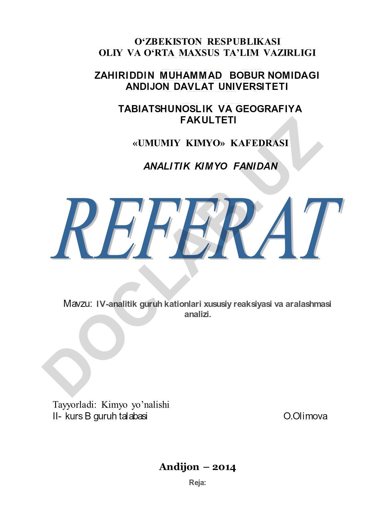 IV-analitik guruh kationlari xususiy reaksiyasi va aralashmasi analizi