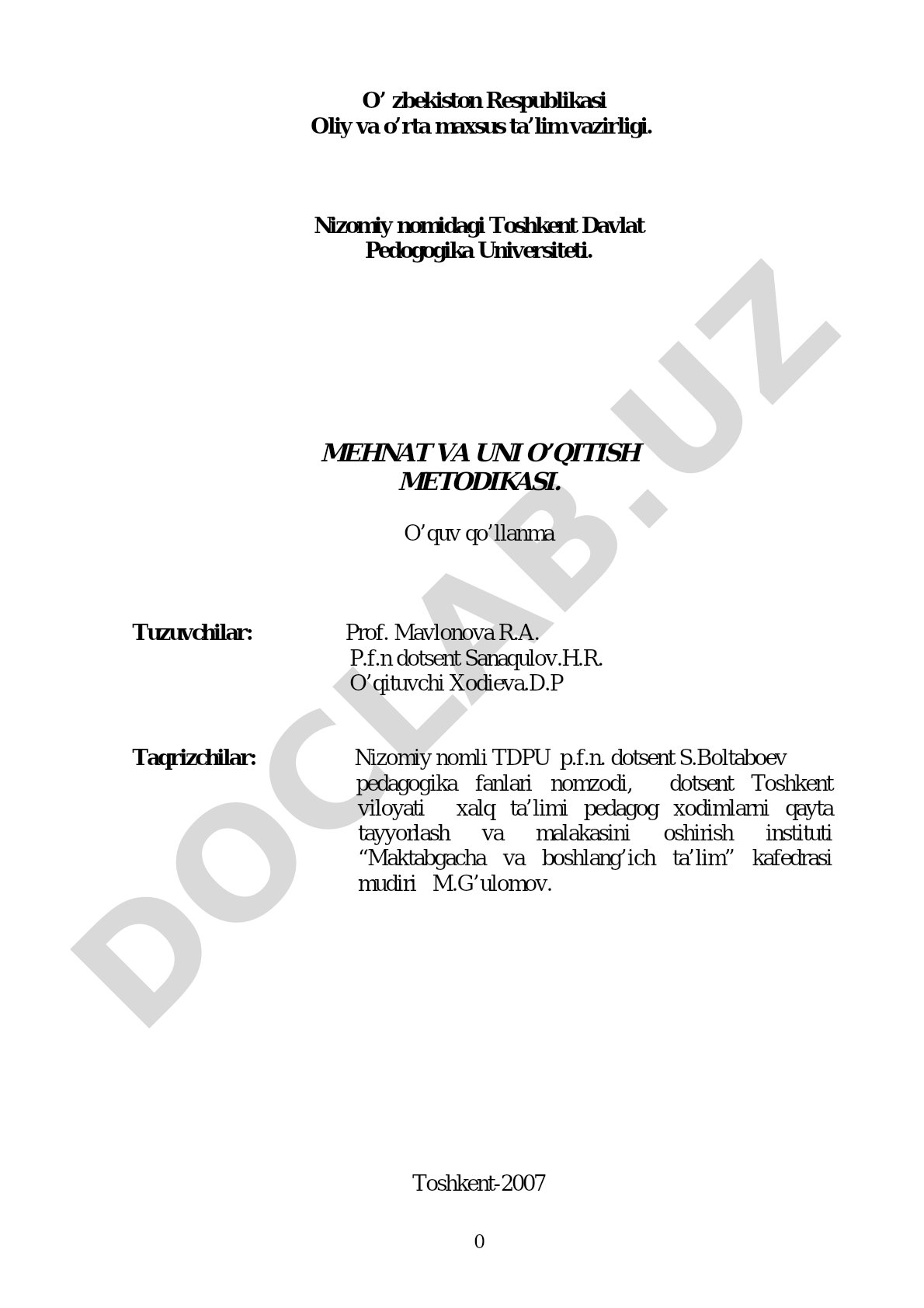 Mehnat va uni o'qitish metodikasi