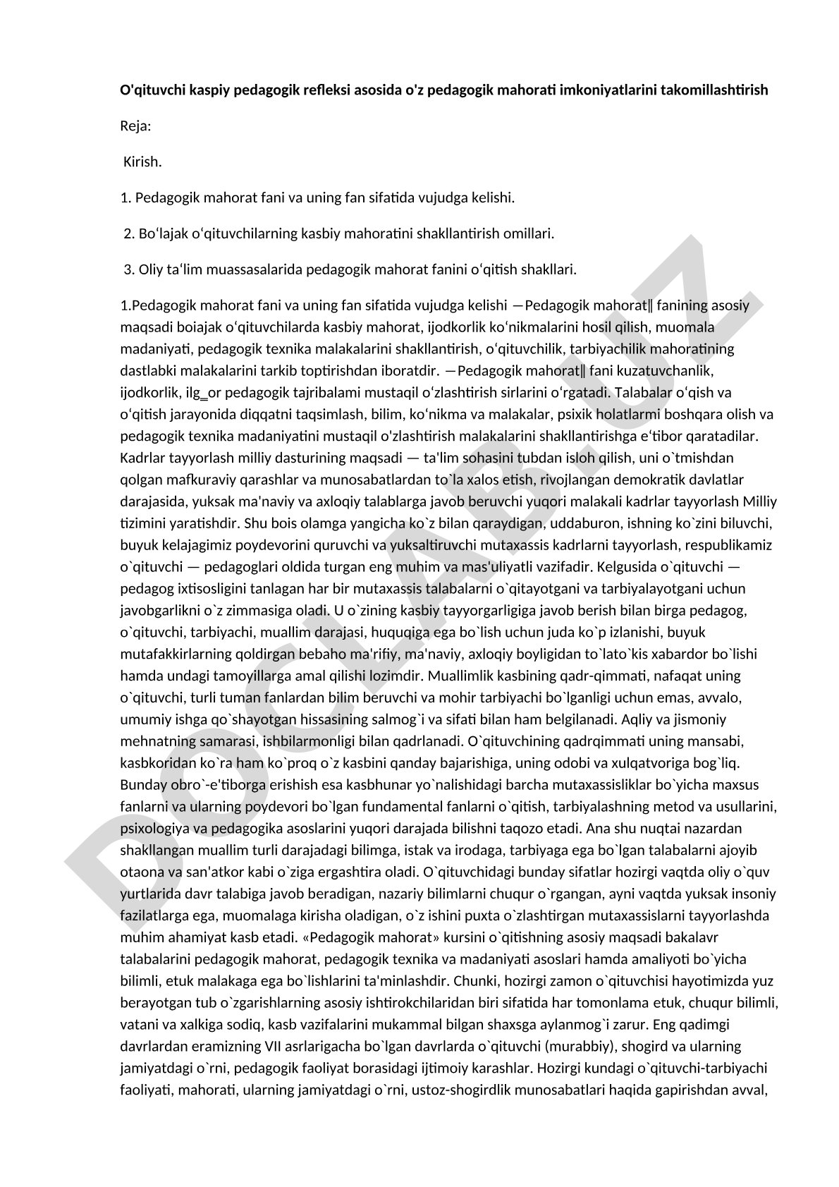 O'qituvchi kaspiy pedagogik refleksi asosida o'z pedagogik mahorati imkoniyatlarini takomillashtirish