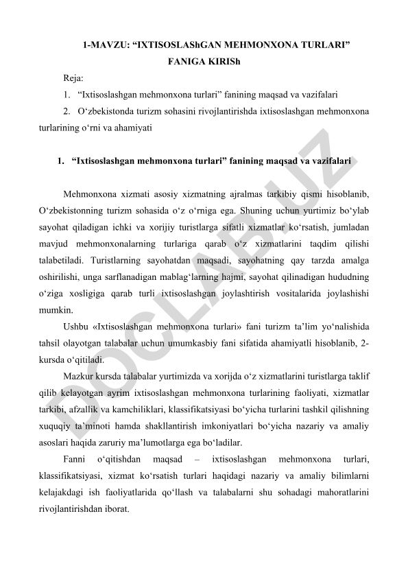 Ixtisoslashgan mehmonxona turlari fanining maqsad va vazifalari