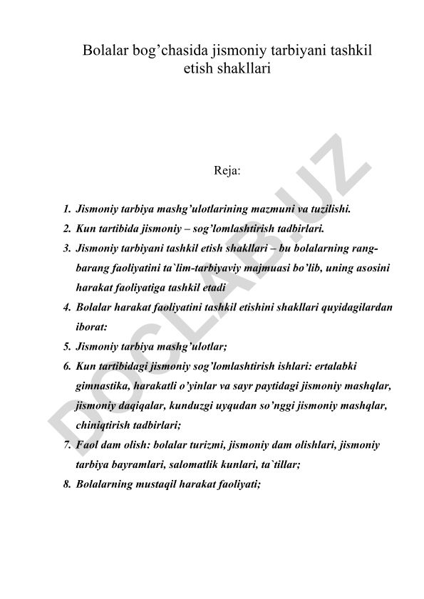 Bolalar bog'chasida jismoniy tarbiyani tashkil etish shakllari