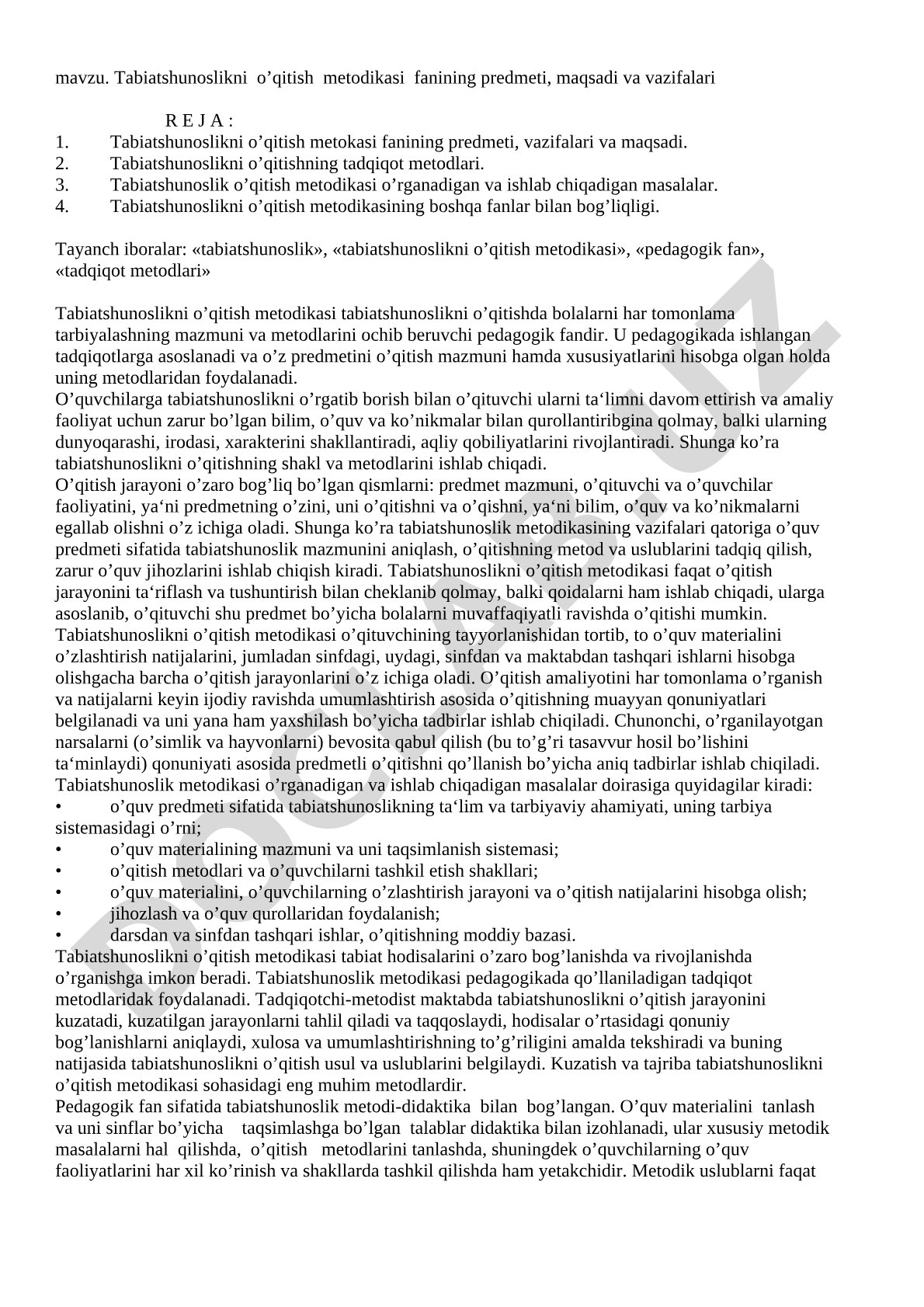 Tabiatshunoslikni o’qitish metodikasi fanining predmeti, maqsadi va vazifalari