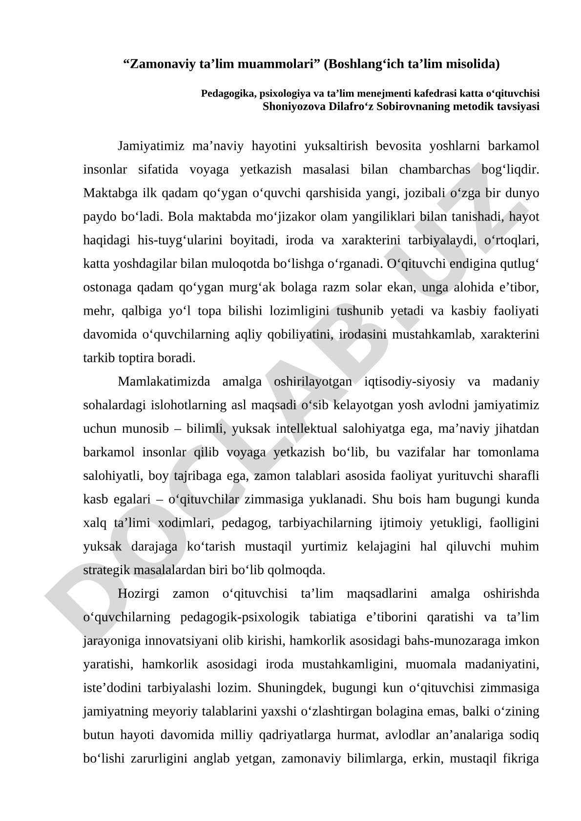 Zamonaviy ta'lim muammolari (Boshlang'ich ta'lim misolida)