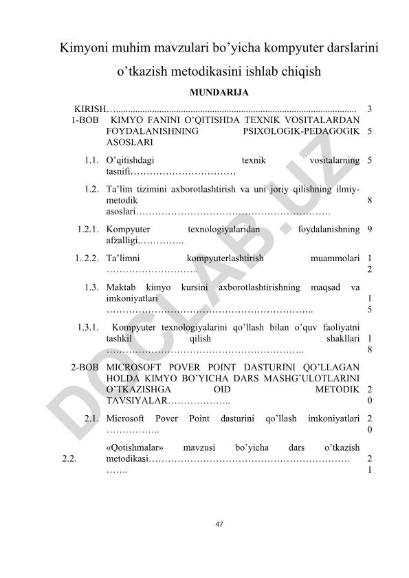 Kimyoni muhim mavzulari bo'yicha kompyuter darslarini o'tkazish metodikasini ishlab chiqish