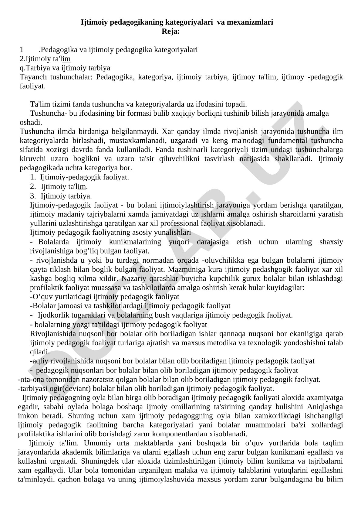 Ijtimoiy pedagogikaning kategoriyalari va mexanizmlari