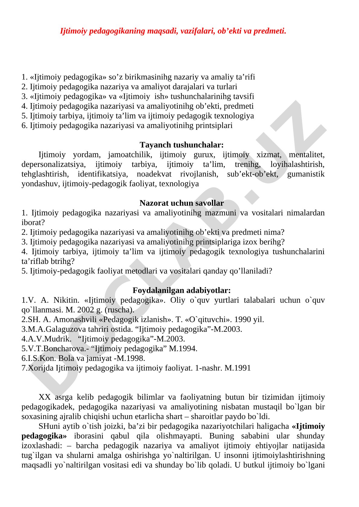 Ijtimoiy pedagogikaning maqsadi, vazifalari, ob’ekti va predmeti
