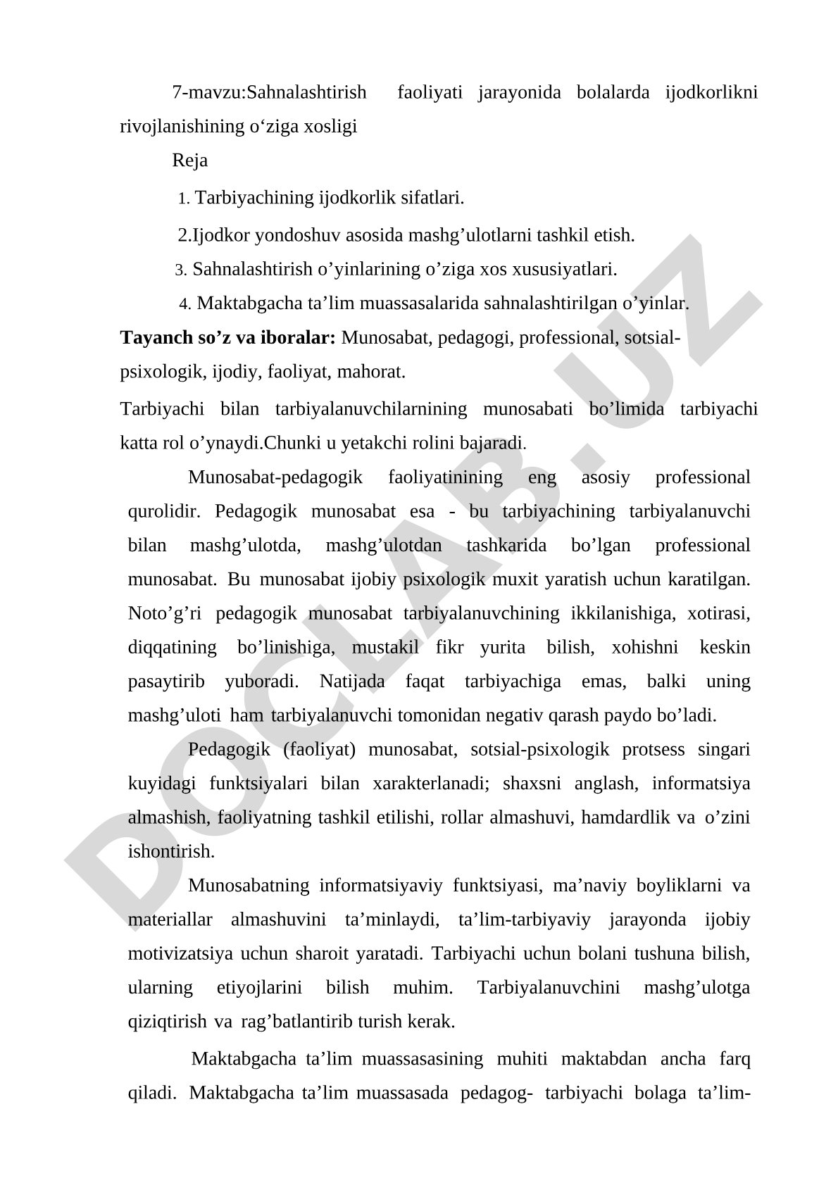 Sahnalashtirish faoliyati jarayonida bolalarda ijodkorlikni rivojlanishining o'ziga xosligi