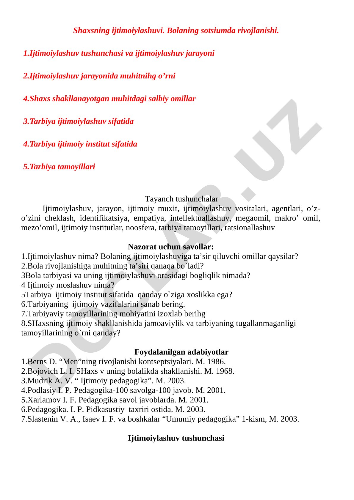 Shaxsning ijtimoiylashuvi. Bolaning sotsiumda rivojlanishi