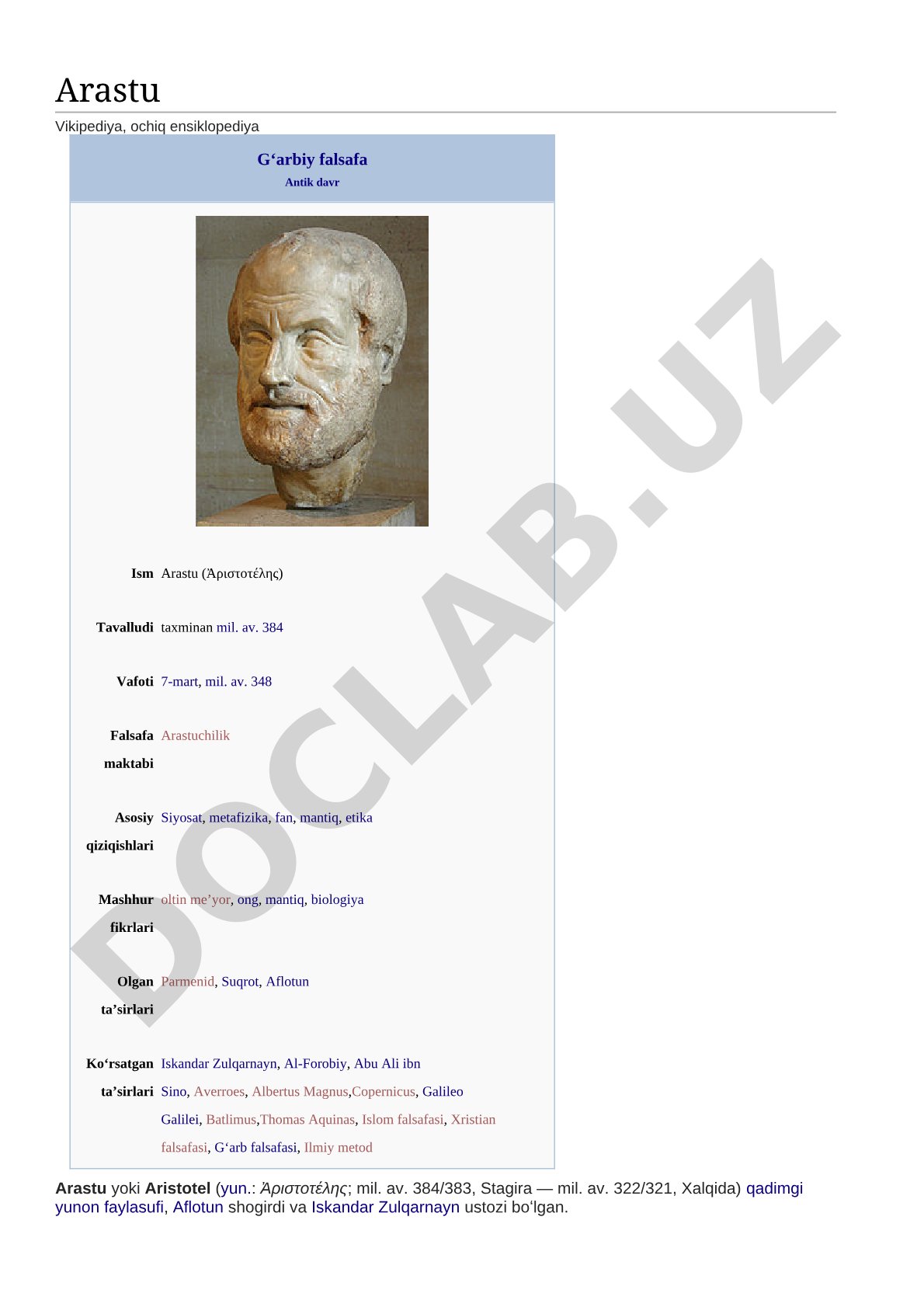 Arastu (Aristotel) hayoti va faoliyati