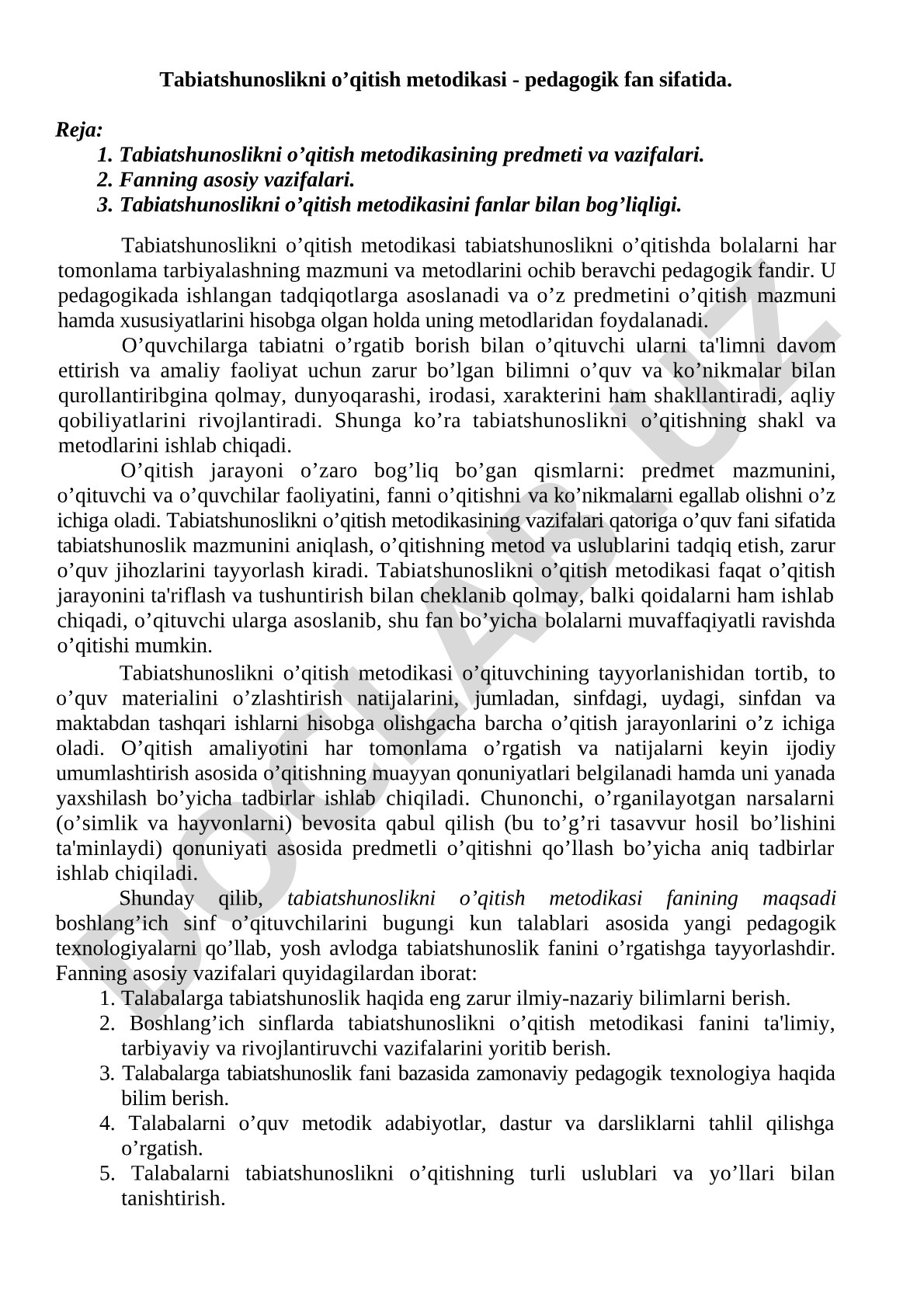 Tabiatshunoslikni o'qitish metodikasi - pedagogik fan sifatida