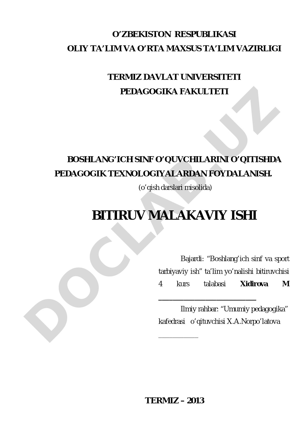 Boshlang'ich sinf o'quvchilarini o'qitishda pedagogik texnologiyalardan foydalanish (o'qish darslari misolida)