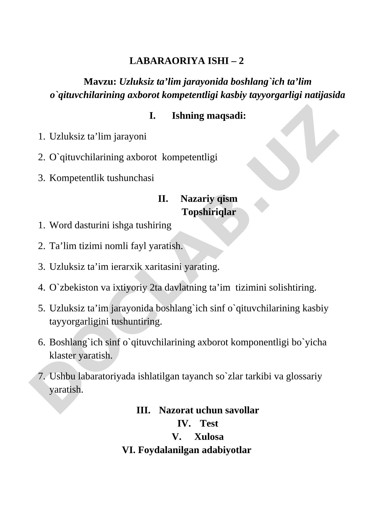 Uzluksiz ta'lim jarayonida boshlang'ich ta'lim o'qituvchilarining axborot kompetentligi