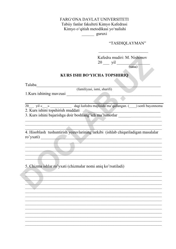 Kimyo o‘qitish metodikasi kurs ishi topshirig'i