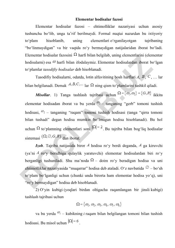 Elementar hodisalar fazosi va tasodifiy hodisalar