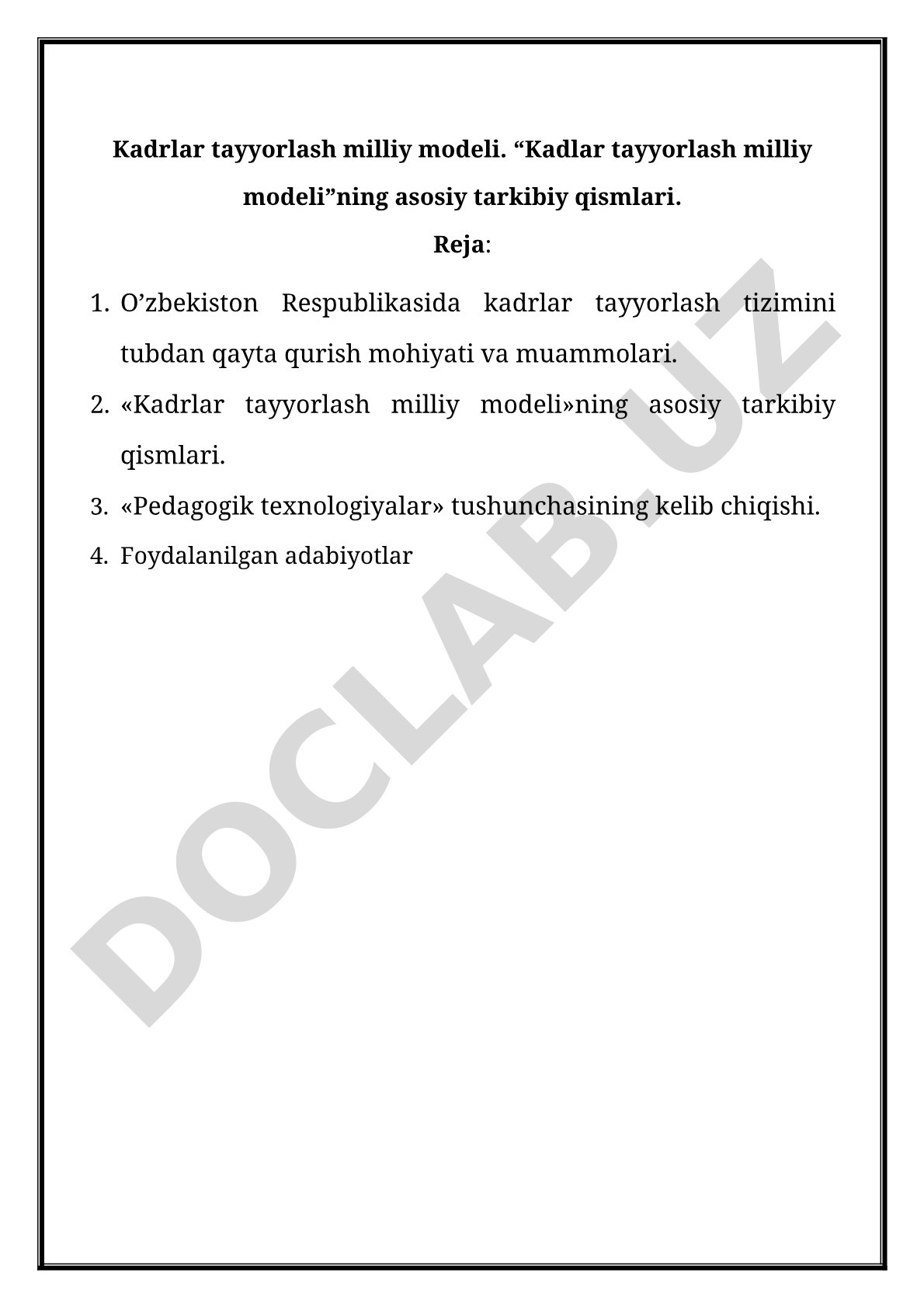 Kadrlar tayyorlash milliy modelining asosiy tarkibiy qismlari
