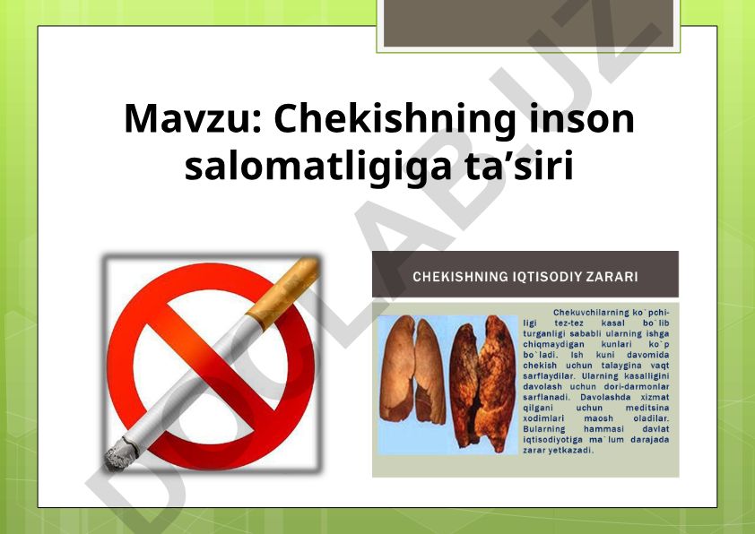 Chekishning inson salomatligiga ta'siri va chekishga qarshi davolash ishlari