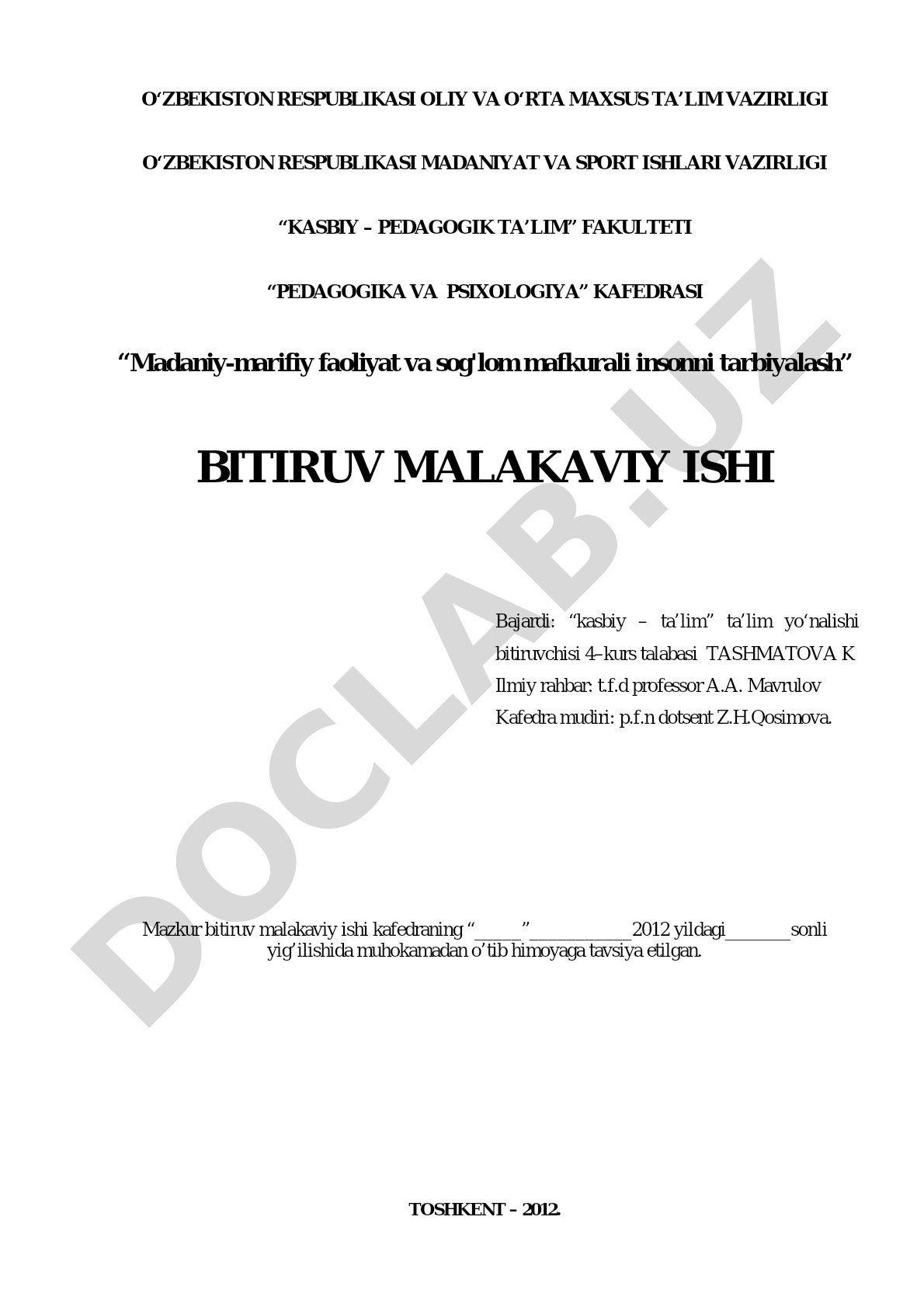 Madaniy-marifiy faoliyat va sog'lom mafkurali insonni tarbiyalash