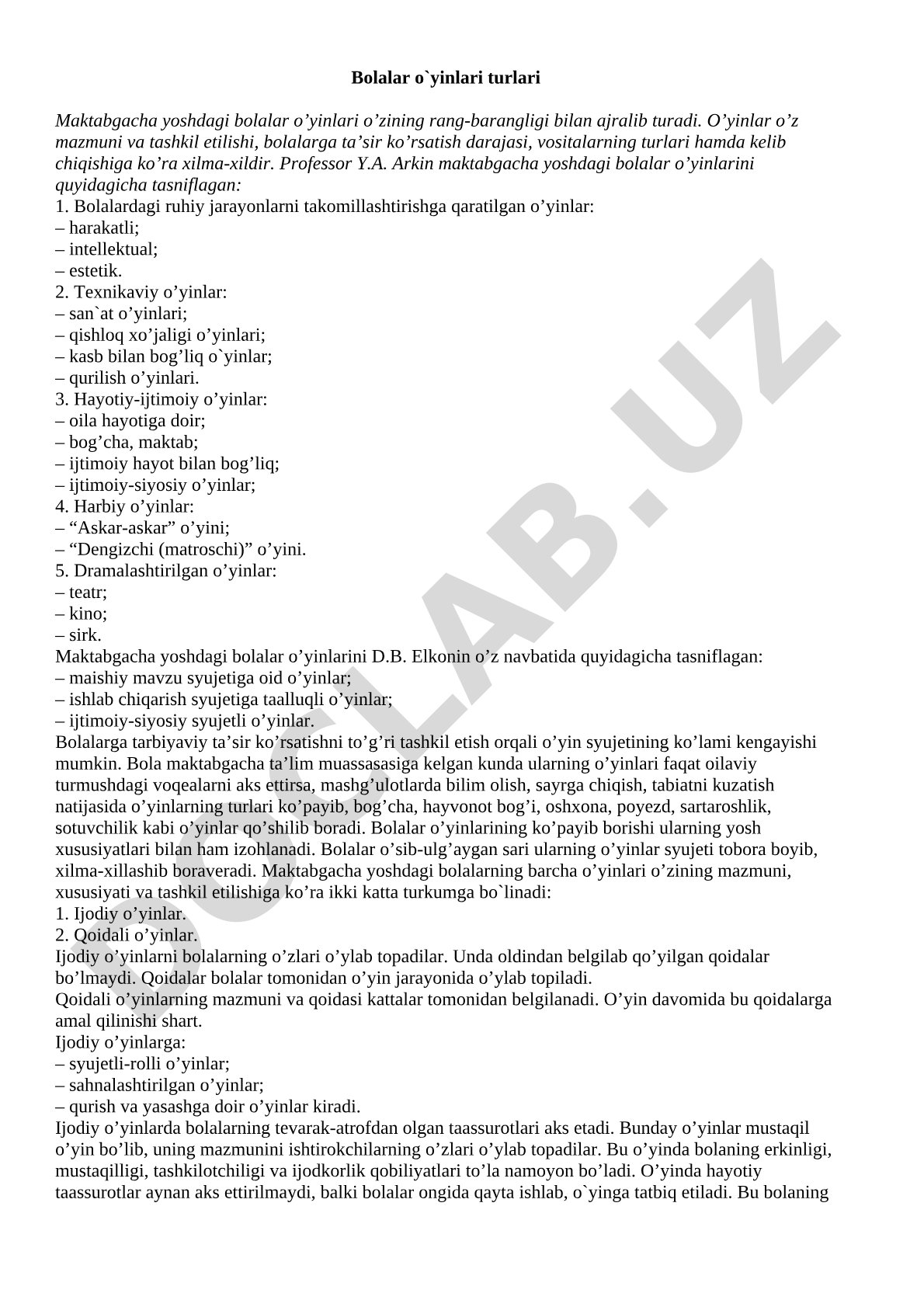 Maktabgacha yoshdagi bolalar o'yinlari turlari va tasnifi