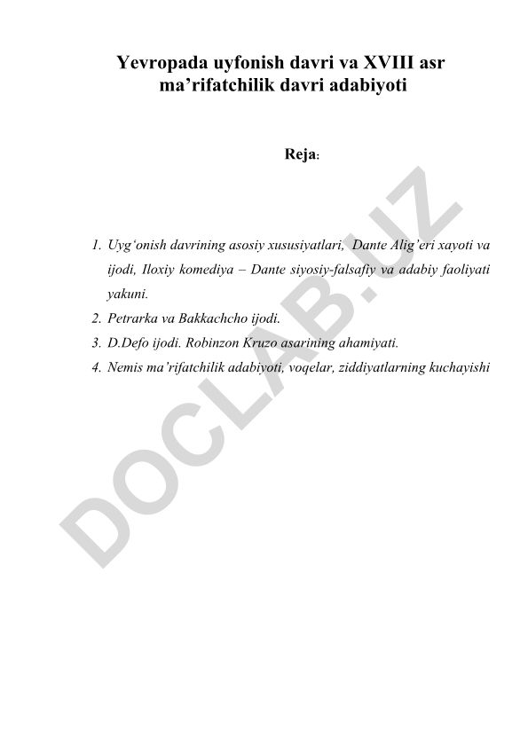 Yevropada uyg'onish davri va XVIII asr ma'rifatchilik adabiyoti