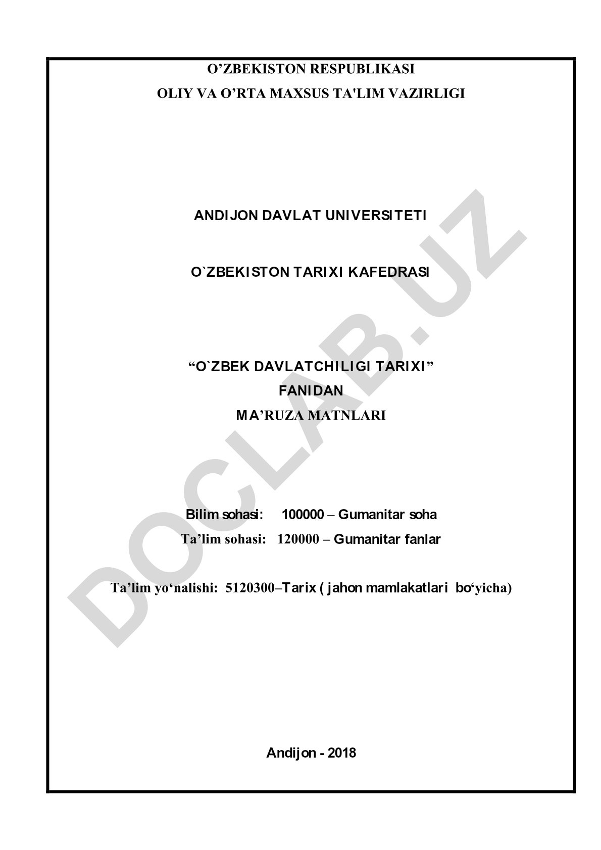 O'zbek davlatchiligi tarixi ma'ruza matnlari