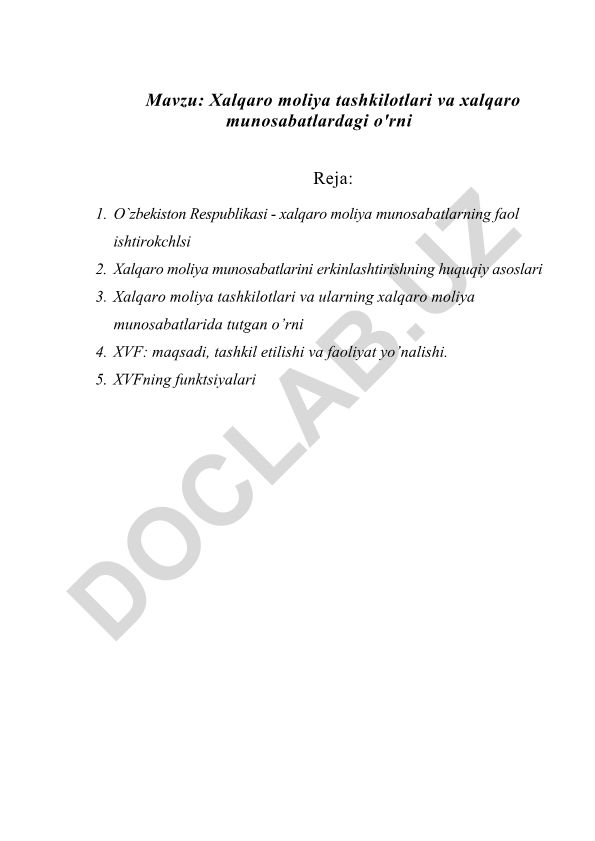 Xalqaro moliya tashkilotlari va xalqaro munosabatlardagi o'rni
