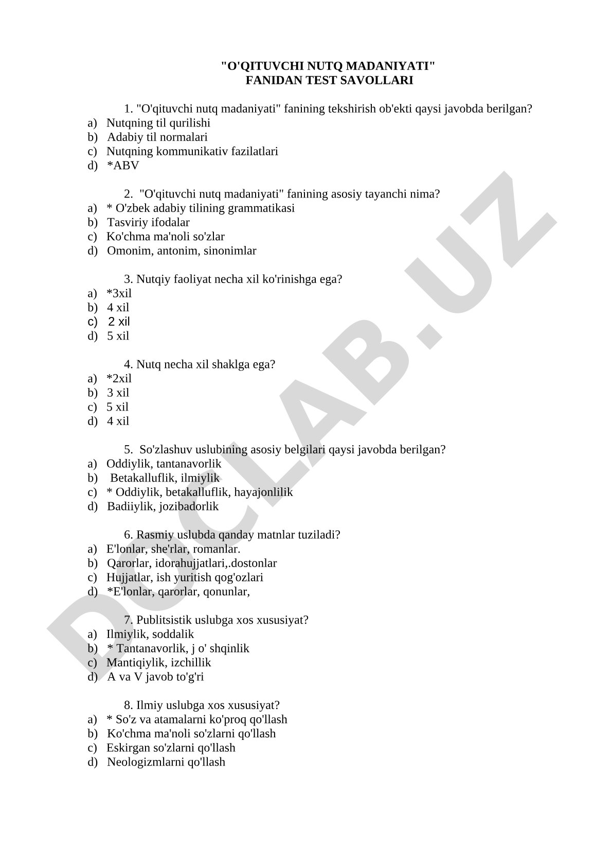 O'qituvchi nutq madaniyati fanidan test savollari