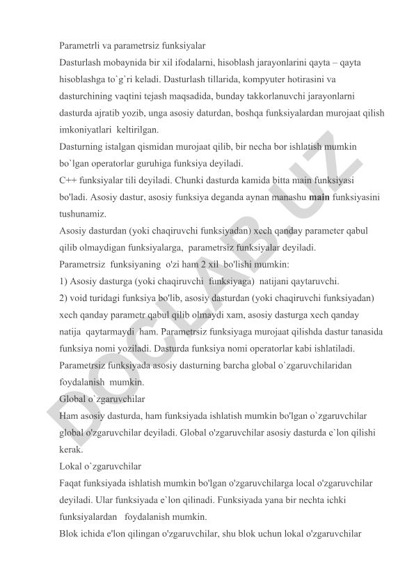 Parametrli va parametrsiz funksiyalar