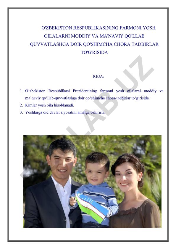 Yosh oilalarni moddiy va ma'naviy qo'llab-quvvatlashga doir qo'shimcha chora-tadbirlar