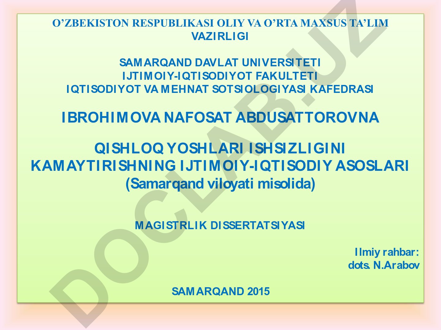 Qishloq yoshlari ishsizligini kamaytirishning ijtimoiy-iqtisodiy asoslari