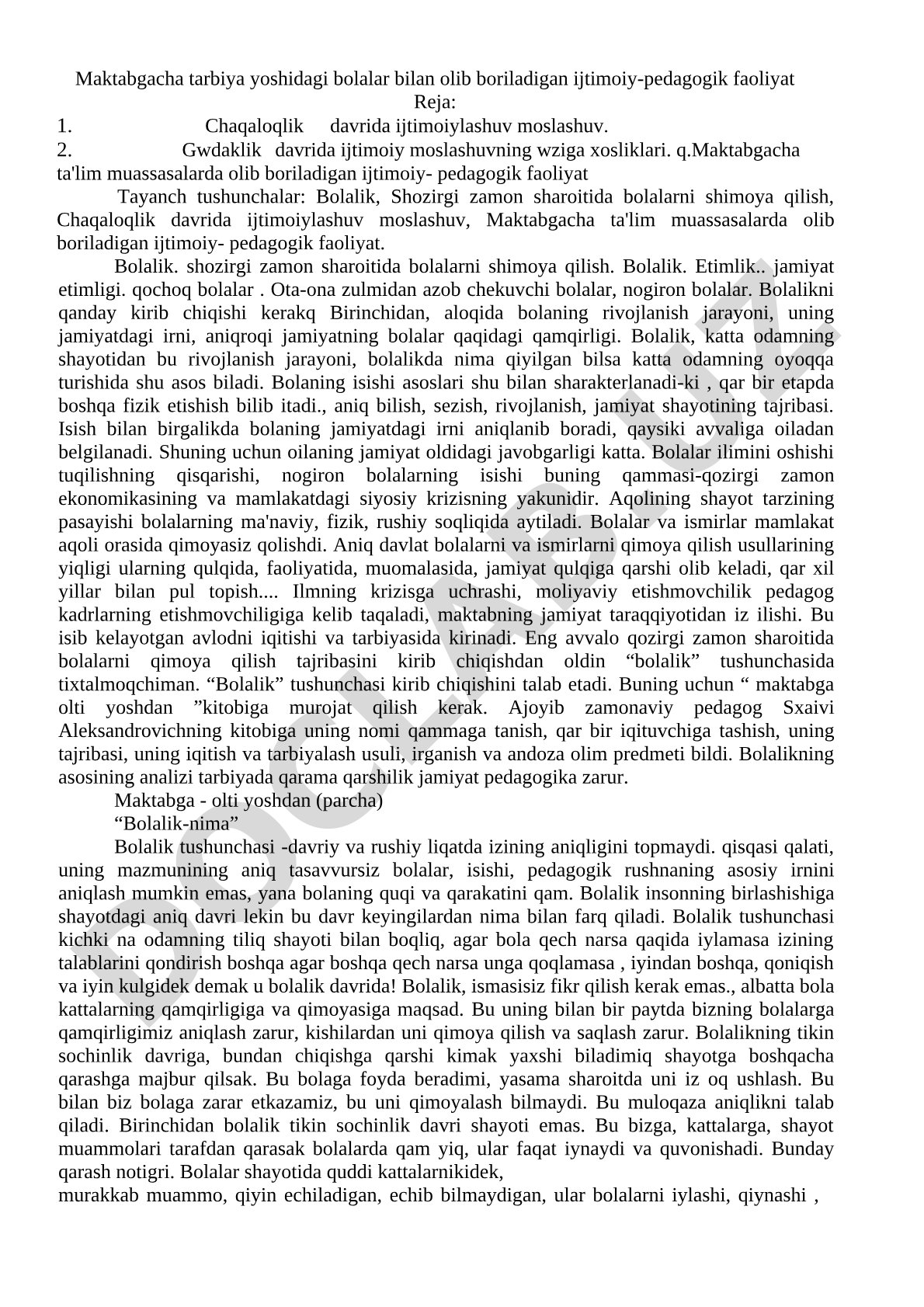 Maktabgacha tarbiya yoshidagi bolalar bilan olib boriladigan ijtimoiy-pedagogik faoliyat