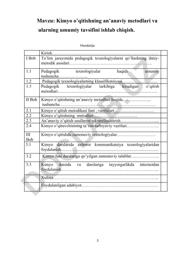 Kimyo o’qitishning an’anaviy metodlari va ularning umumiy tavsifini ishlab chiqish