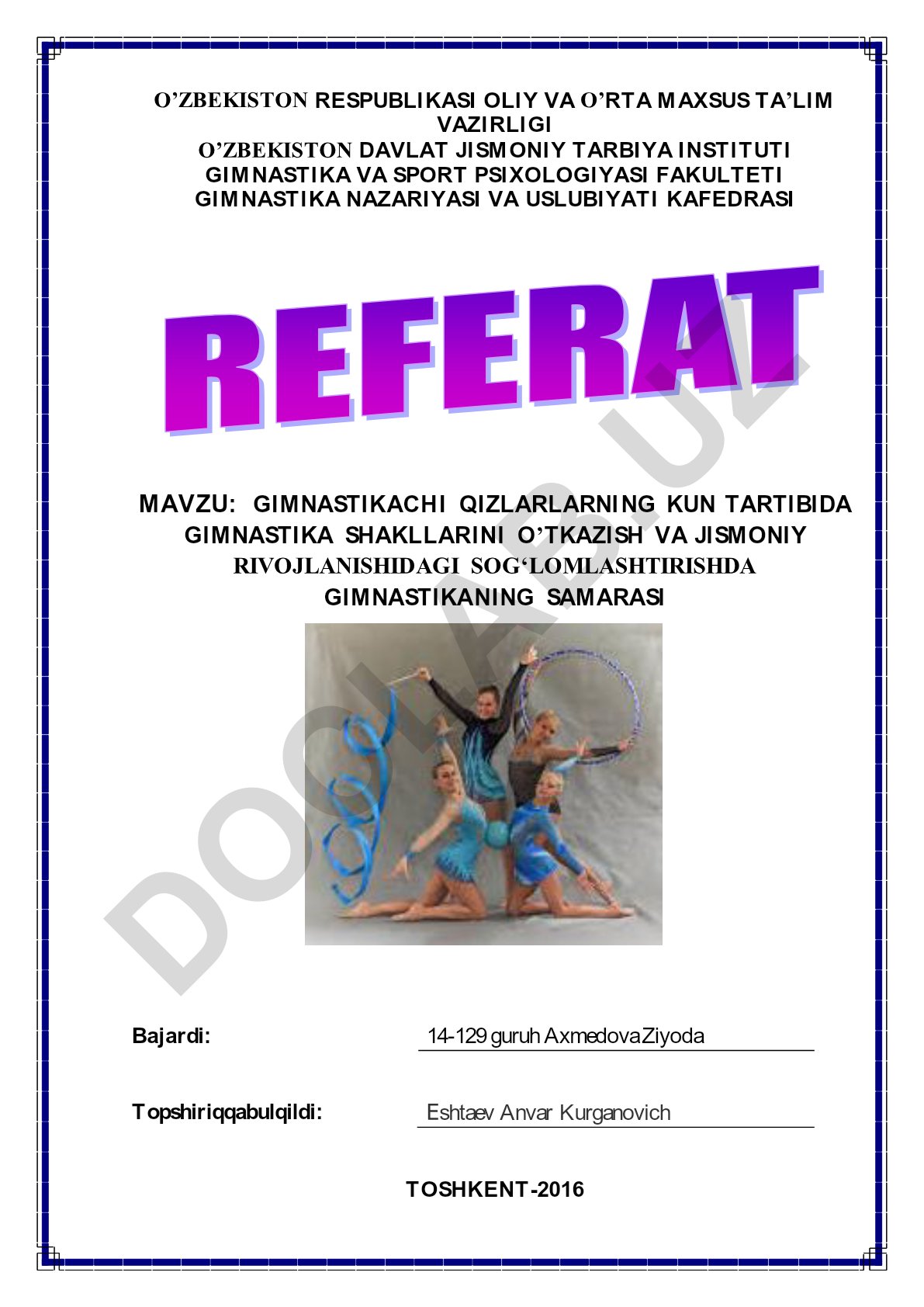 Gimnastikachi qizlarning kun tartibida gimnastika shakllarini o‘tkazish va jismoniy rivojlanishidagi sog‘lomlashtirishda gimnastikaning samarasi