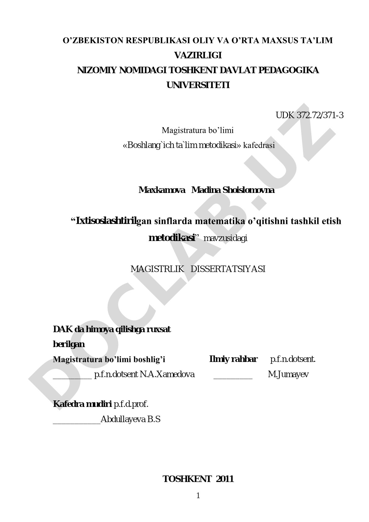 Ixtisoslashtirilgan sinflarda matematika o'qitishni tashkil etish metodikasi