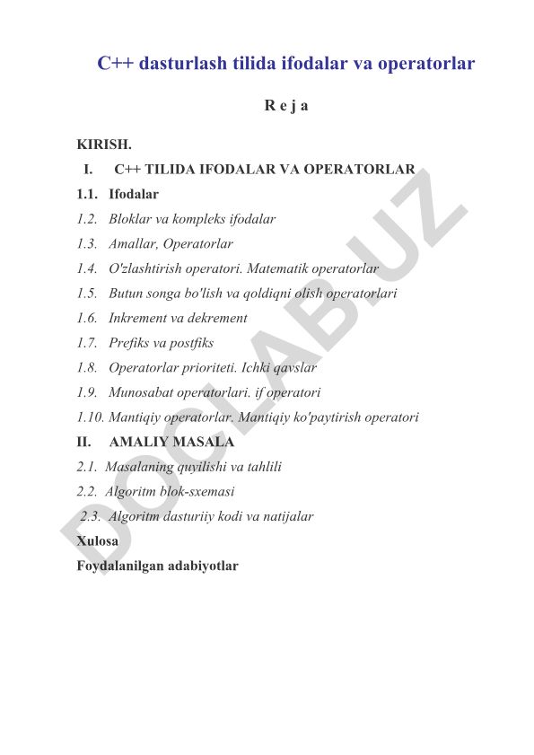 C++ dasturlash tilida ifodalar va operatorlar