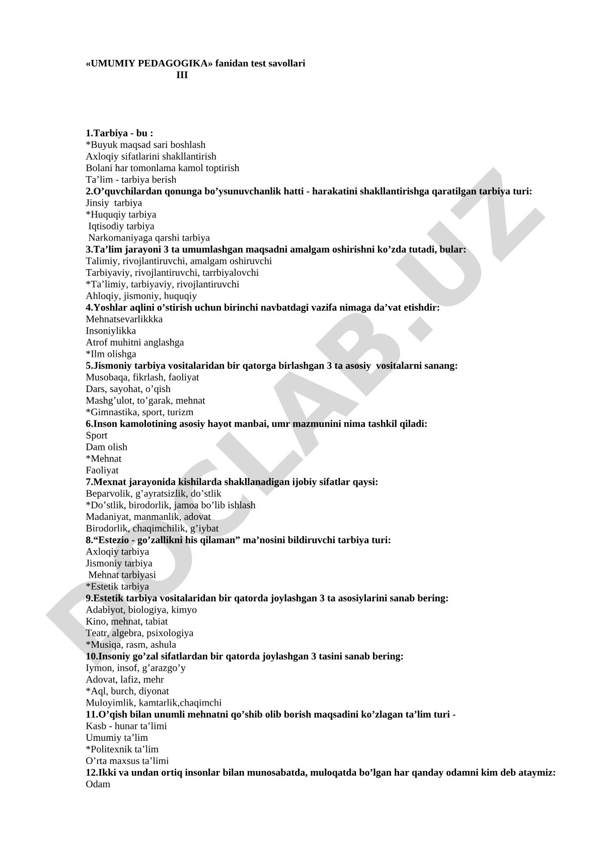 Umumiy pedagogika fanidan test savollari