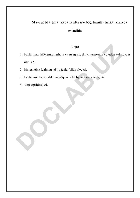 Matematikada fanlararo bog'lanish (fizika, kimyo) misolida