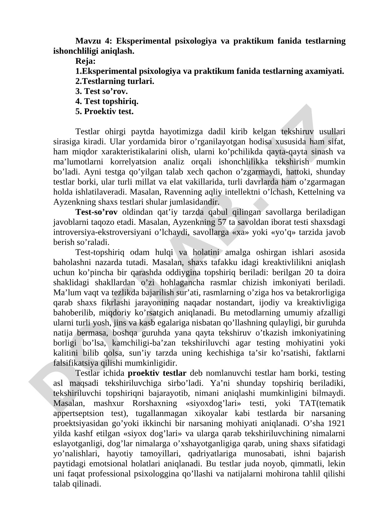 Eksperimental psixologiya va praktikum fanida testlarning ishonchliligi aniqlash