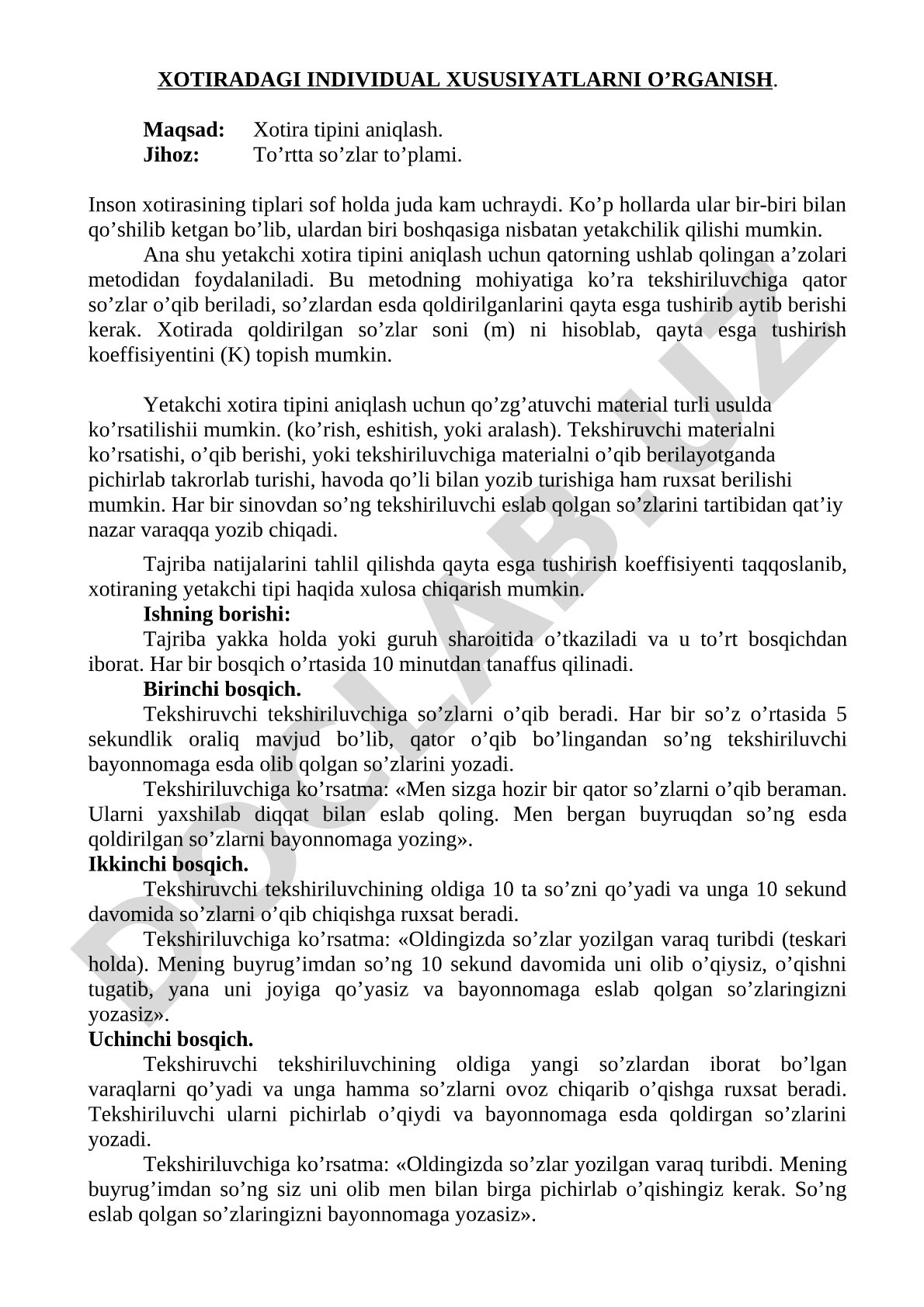 Xotiradagi individual xususiyatlarni o'rganish