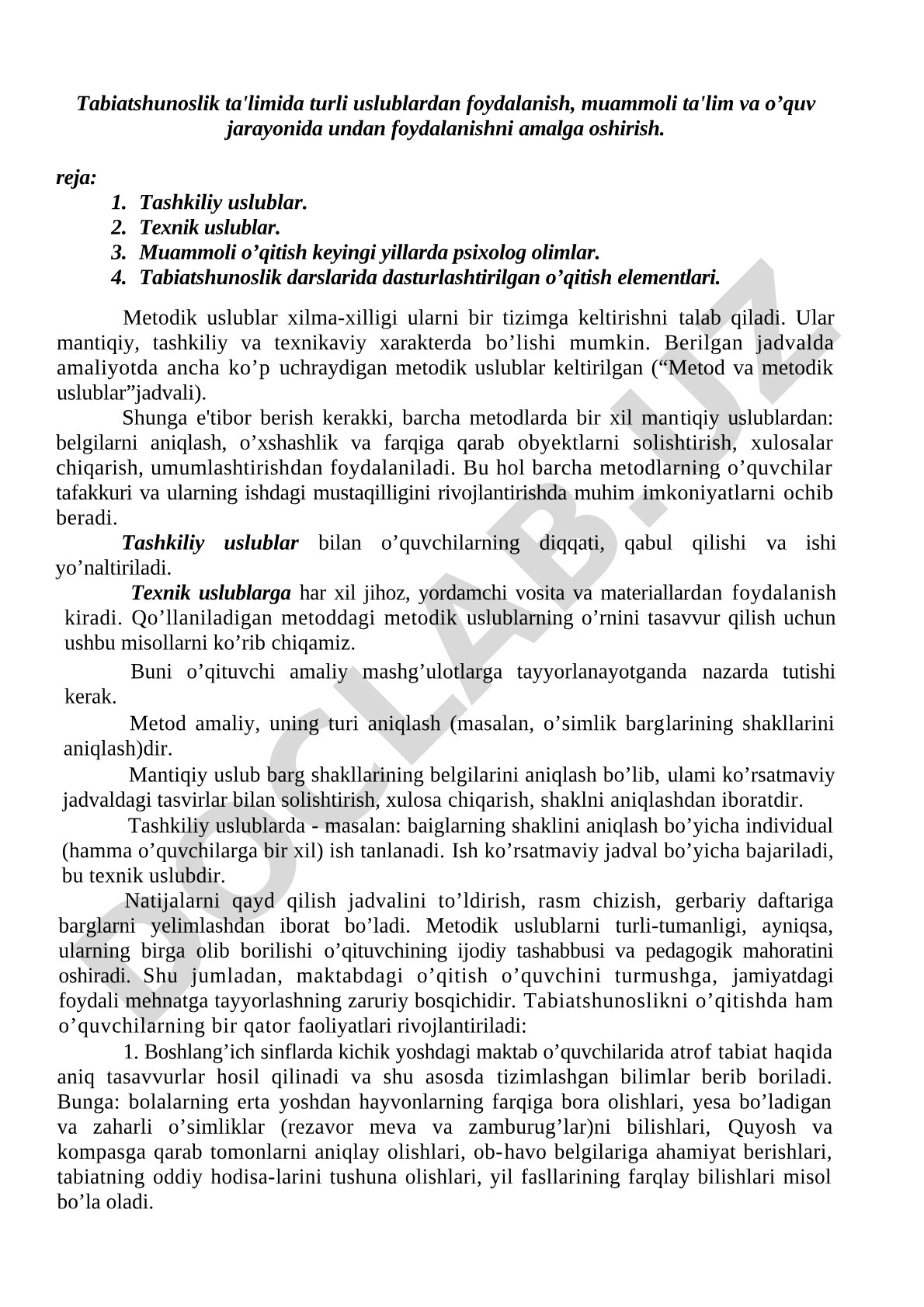 Tabiatshunoslik ta'limida metodik uslublar