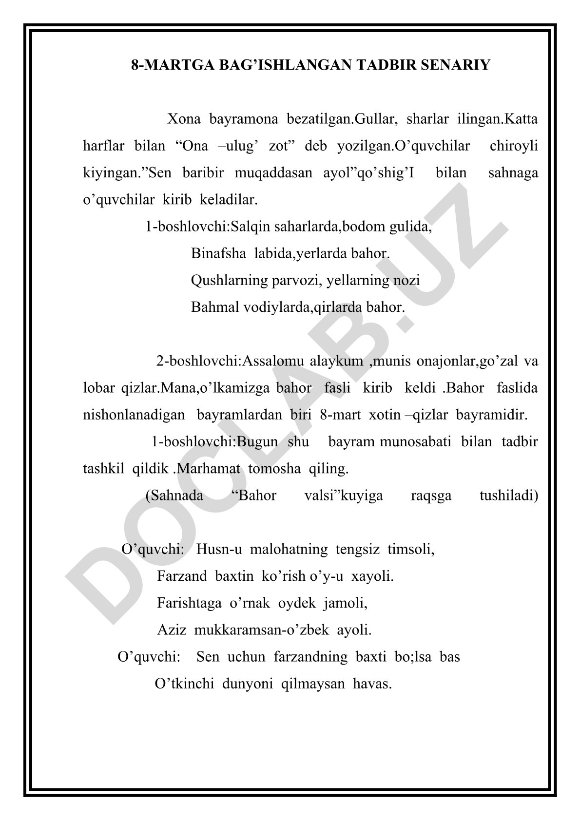8-Mart Xotin-qizlar bayrami tadbir senariysi