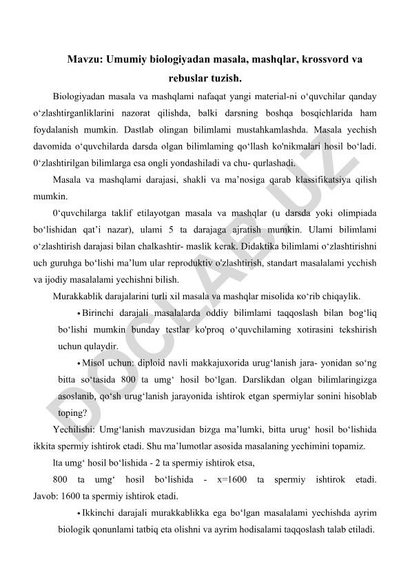 Umumiy biologiyadan masala, mashqlar, krossvord va rebuslar tuzish