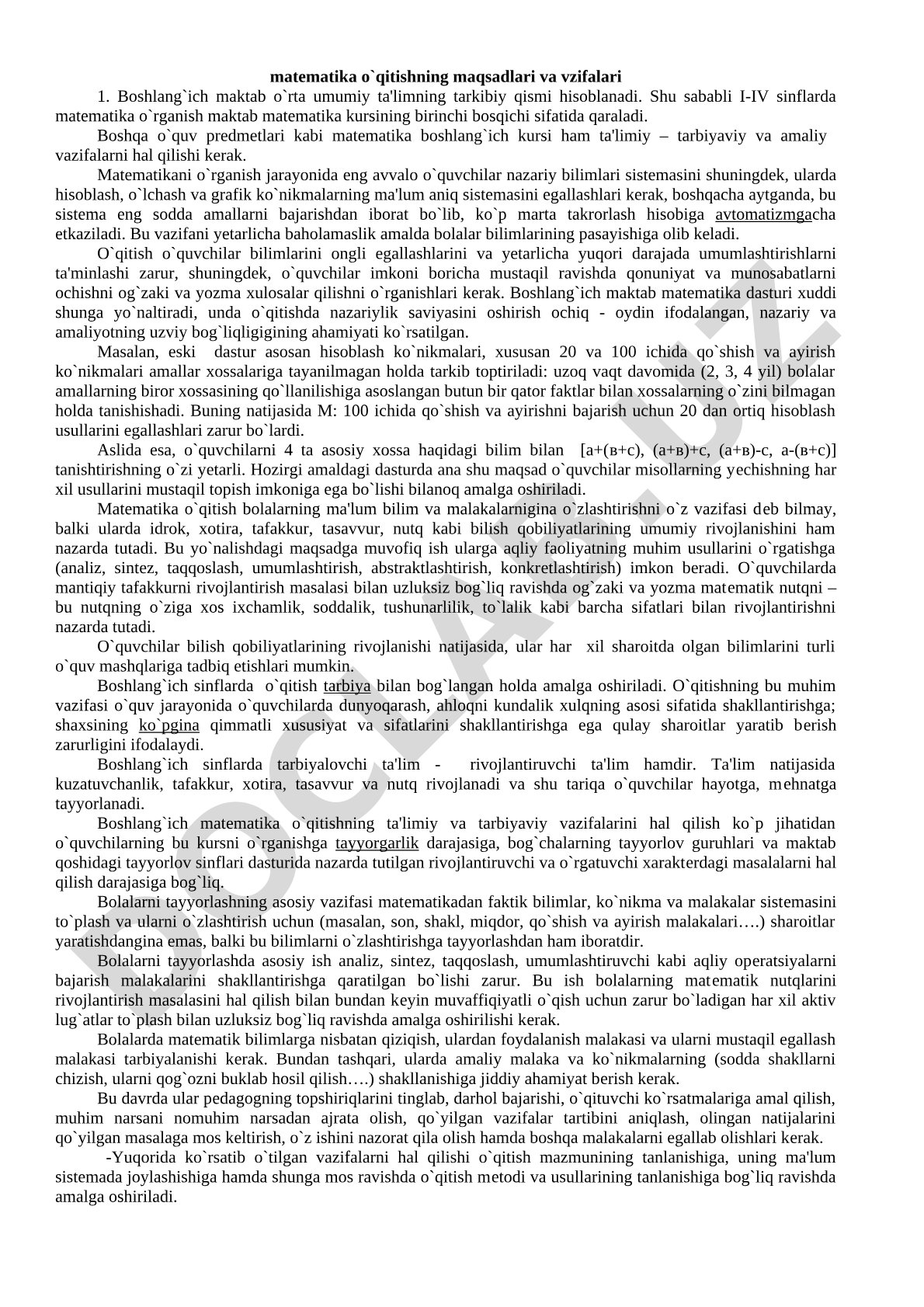 Boshlang'ich maktabda matematika o'qitishning maqsadlari va vazifalari