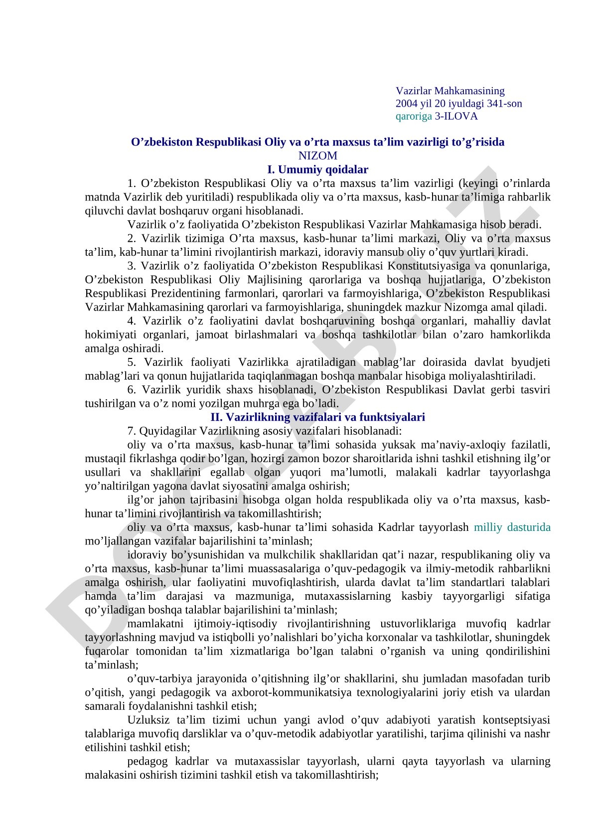 O'zbekiston Respublikasi Oliy va o'rta maxsus ta'lim vazirligi to'g'risida nizom