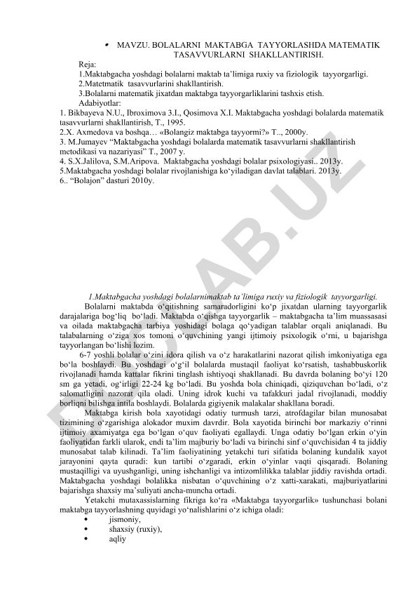 Bolalarni maktabga tayyorlashda matematik tasavvurlarni shakllantirish
