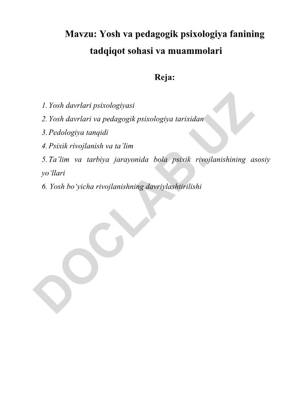 Yosh va pedagogik psixologiya fanining tadqiqot sohasi va muammolari