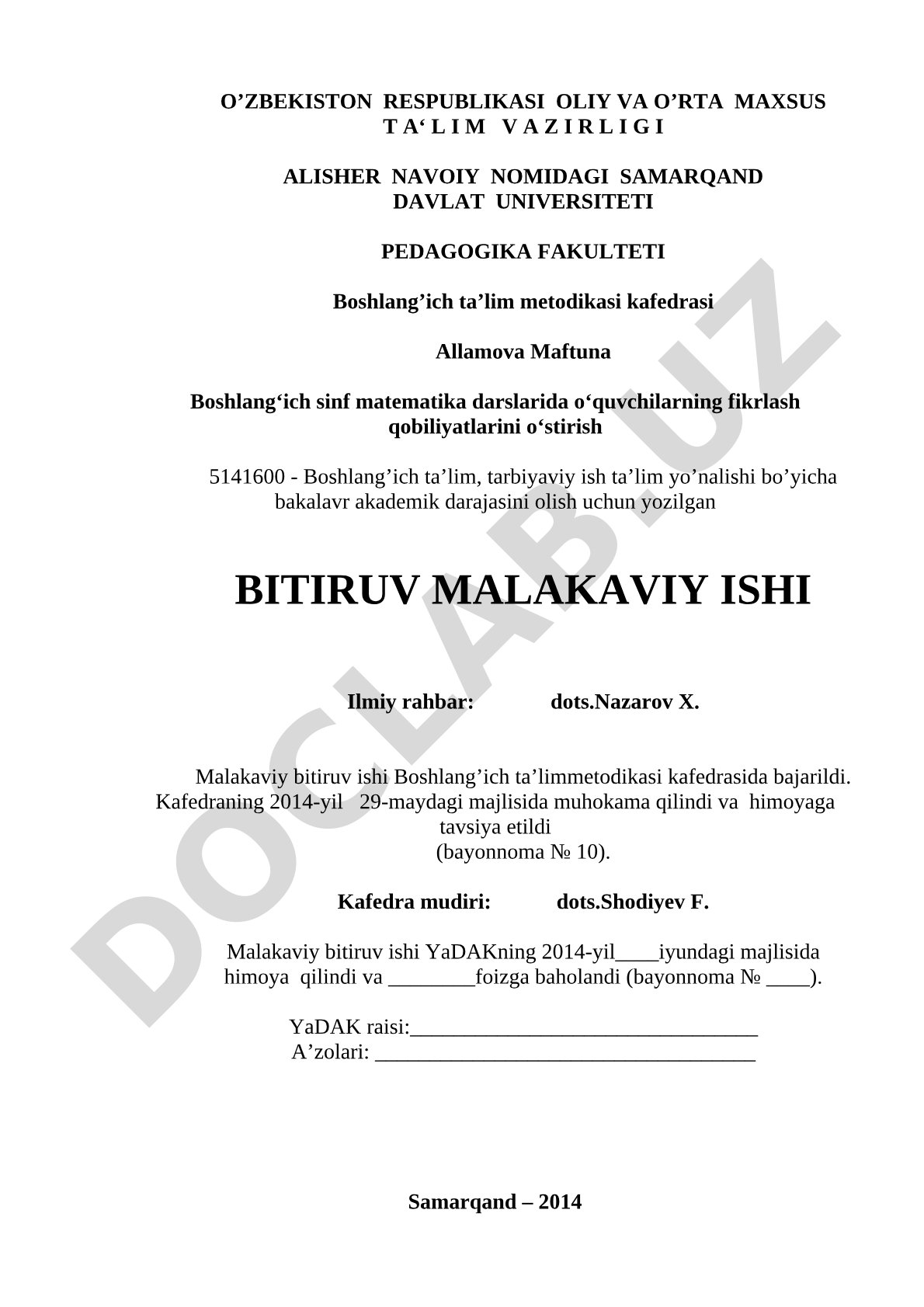Boshlang‘ich sinf matematika darslarida o‘quvchilarning fikrlash qobiliyatlarini o‘stirish