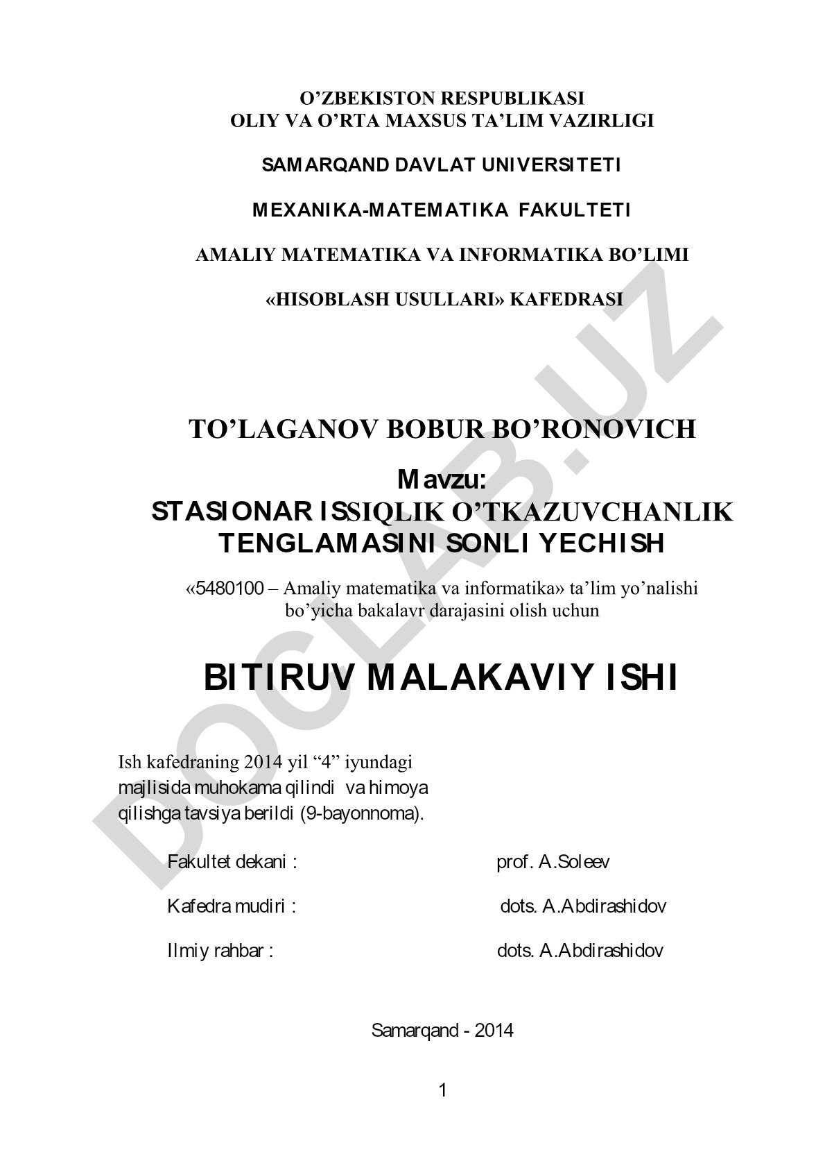 Stasionar issiqlik o'tkazuvchanlik tenglamasini sonli yechish