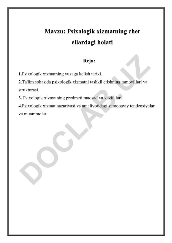 Psixalogik xizmatning chet ellardagi holati