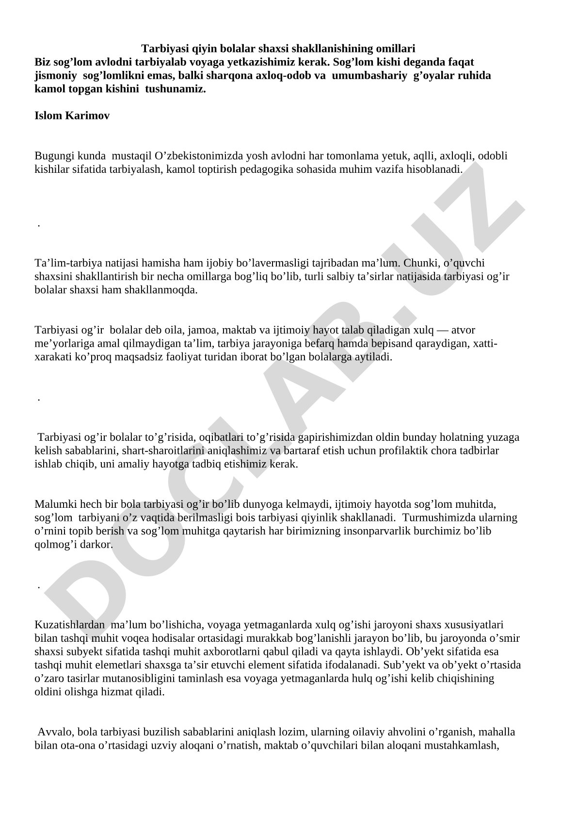 Tarbiyasi qiyin bolalar shaxsi shakllanishining omillari