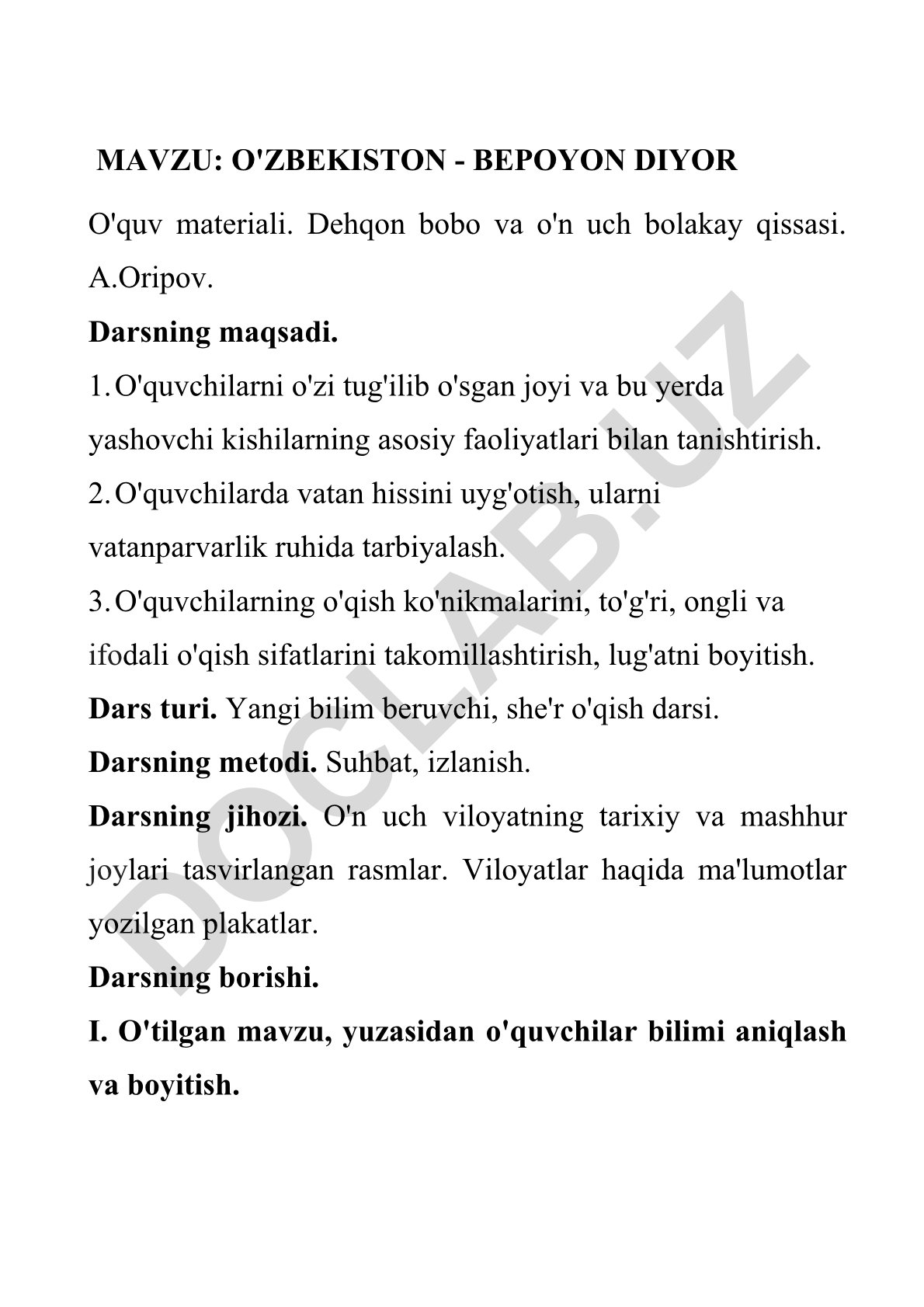 O'zbekiston - Bepoyon Diyor o'quv materiali: Dehqon bobo va o'n uch bolakay qissasi